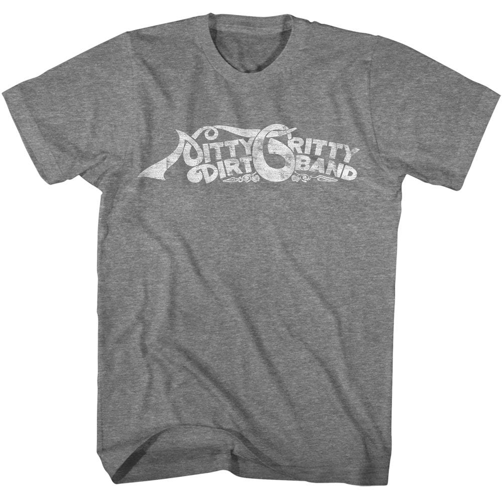 Graphite Heather Nitty Gritty Dirt Band t-shirt featuring a Nitty Gritty Dirt Band curvy logo design