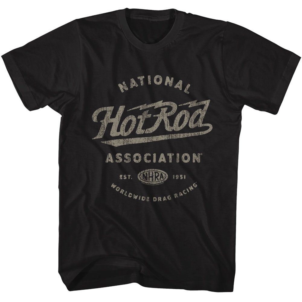 Black NHRA t-shirt featuring an NHRA hot rod design