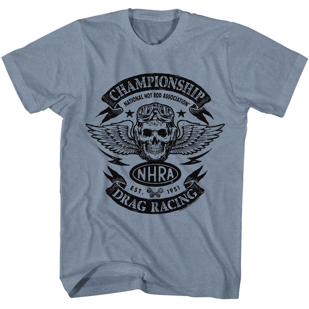 Indigo Heather NHRA t-shirt featuring an NHRA Championship design