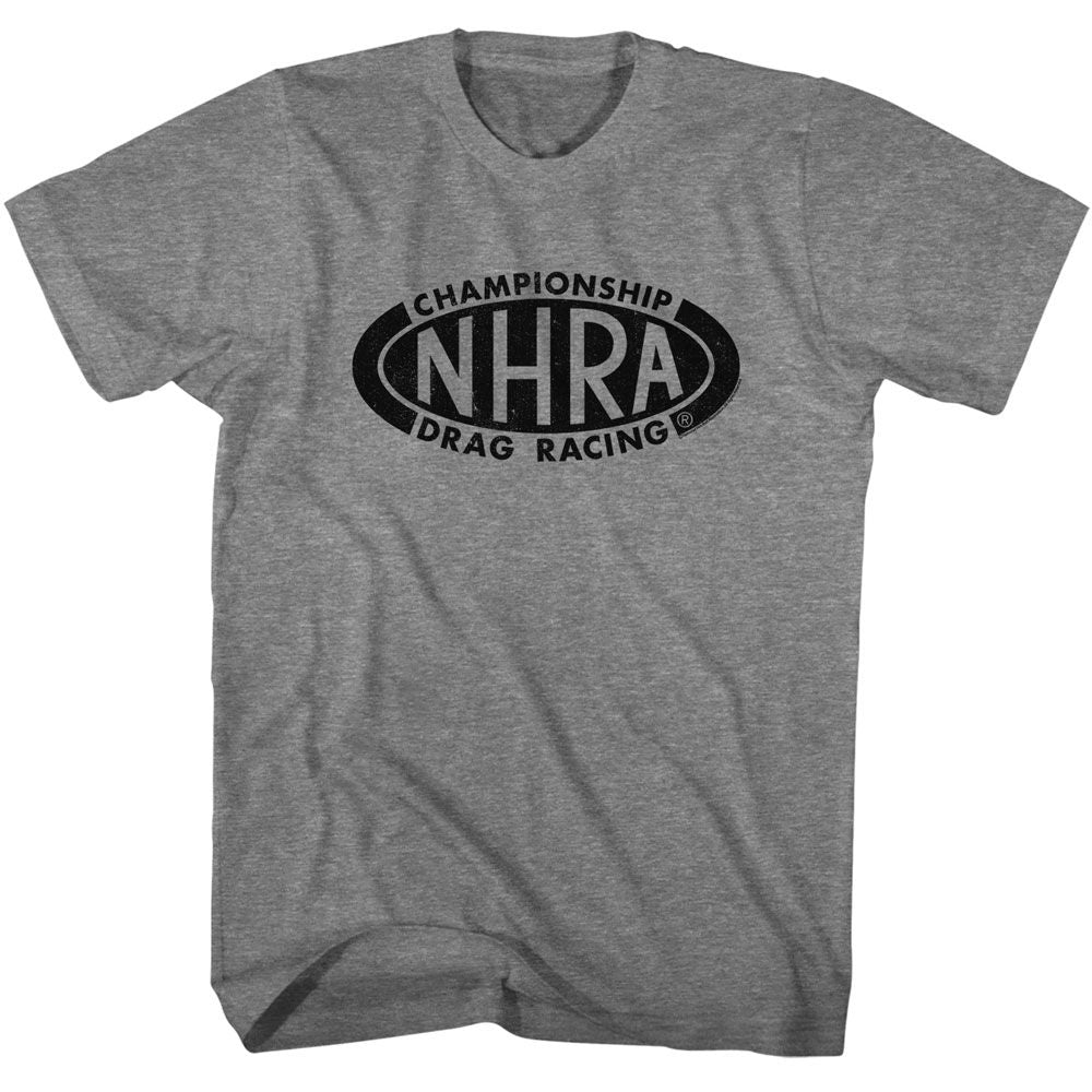 Graphite Heather NHRA t-shirt featuring an NHRA Championship logo design