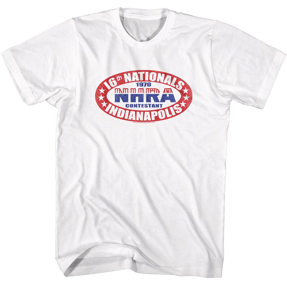White NHRA t-shirt featuring an NHRA 16th Nationals design