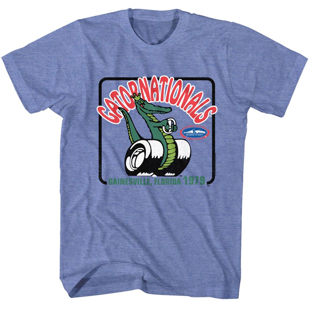 Light Blue Heather NHRA t-shirt featuring an NHRA Gatornationals design