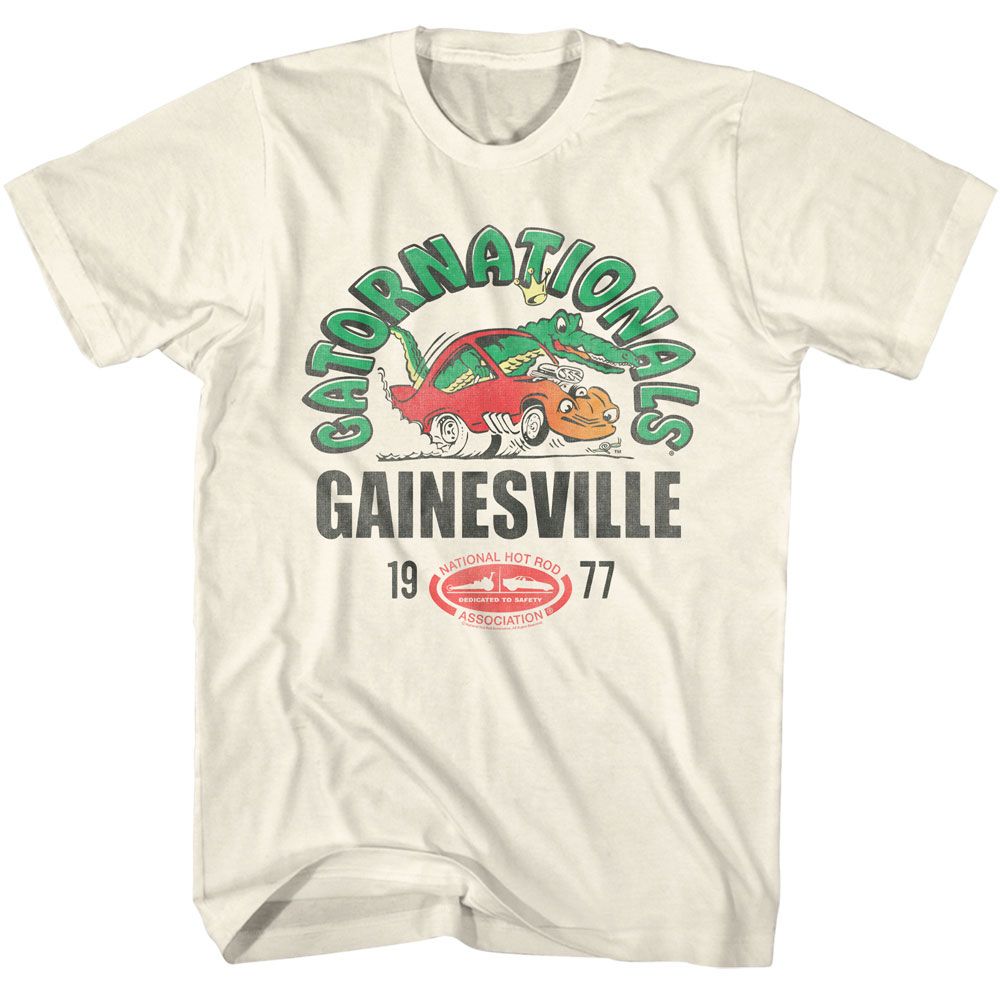 Natural NHRA t-shirt featuring an NHRA Gatornationals 77 design