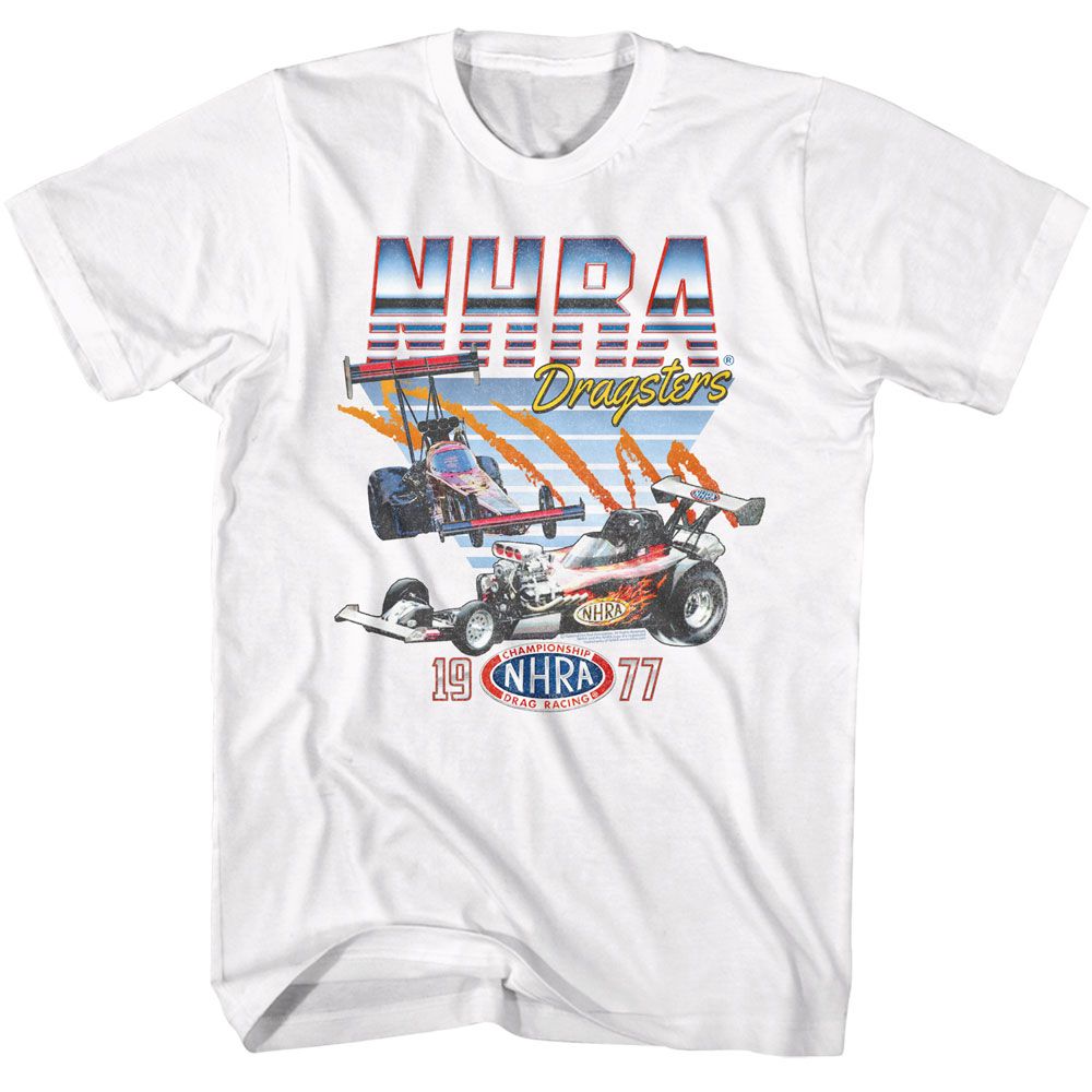 White NHRA t-shirt featuring an NHRA Zoomy Dragsters design