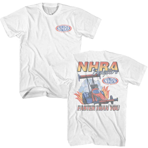 White NHRA t-shirt featuring an NHRA Faster Than design