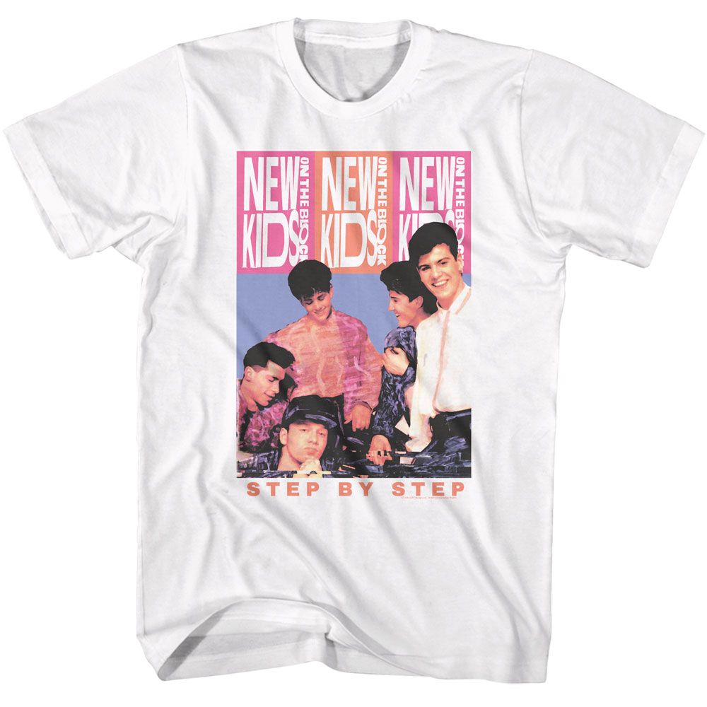 White New Kids on the Block t-shirt featuring an NKOTB triple logo design