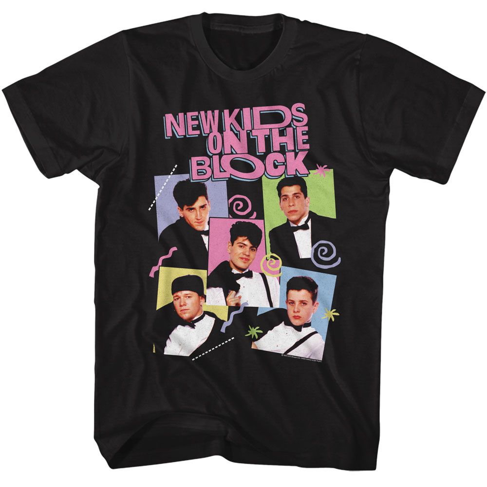 Black New Kids on the Block t-shirt featuring an NKOTB 90s designs collage