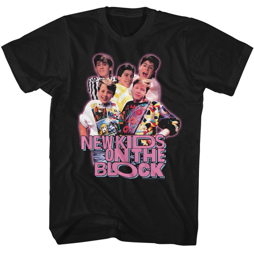 Black New Kids on the Block t-shirt featuring an NKOTB group image design
