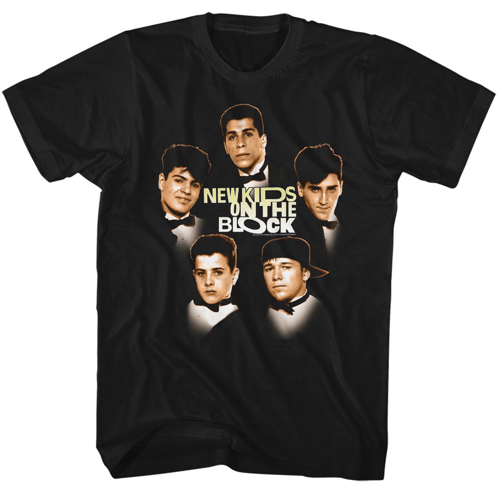 Black New Kids on the Block t-shirt featuring an NKOTB suit pictures design