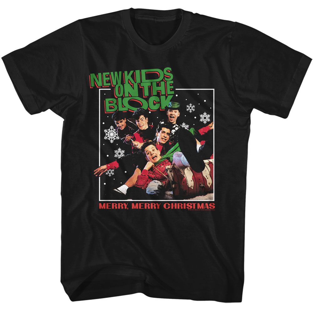 Black New Kids on the Block t-shirt featuring an NKOTB Merry Merry Christmas design