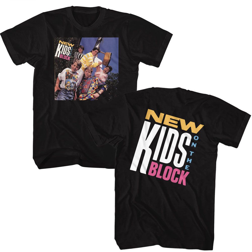 Black New Kids on the Block t-shirt featuring an NKOTB debut album design