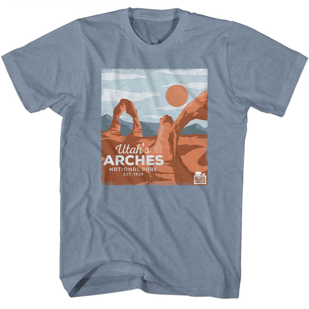 Indigo Heather National Parks t-shirt featuring a Utah's Arches design