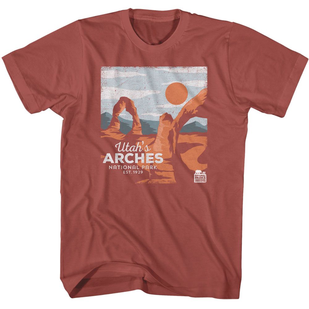 Terracotta National Parks t-shirt featuring a Utah's Arches design