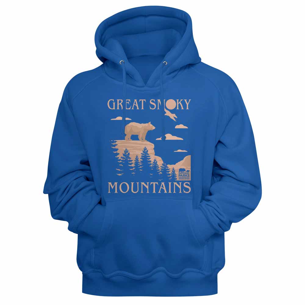 Royal blue National Parks pullover hoodie featuring a Great Smoky Mountains Bear design
