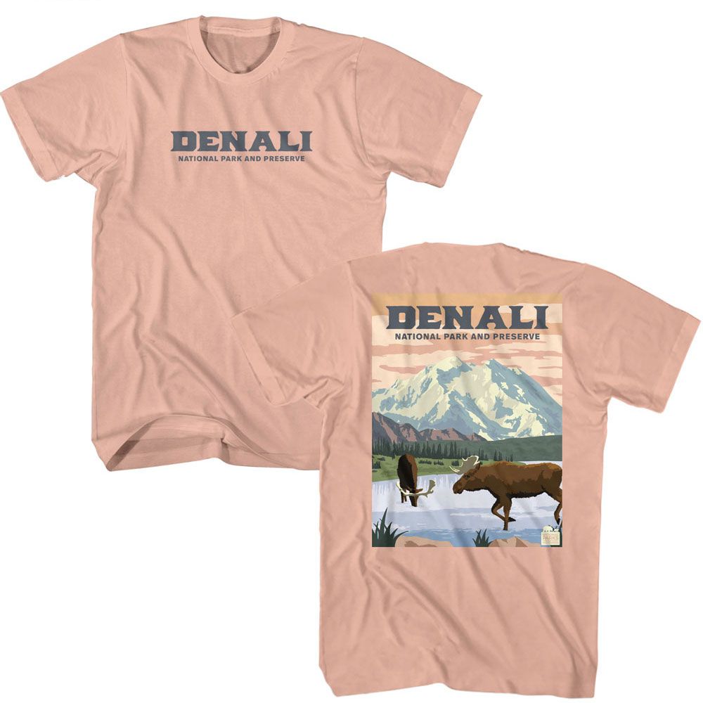 Peach National Parks t-shirt featuring a Denali poster art design