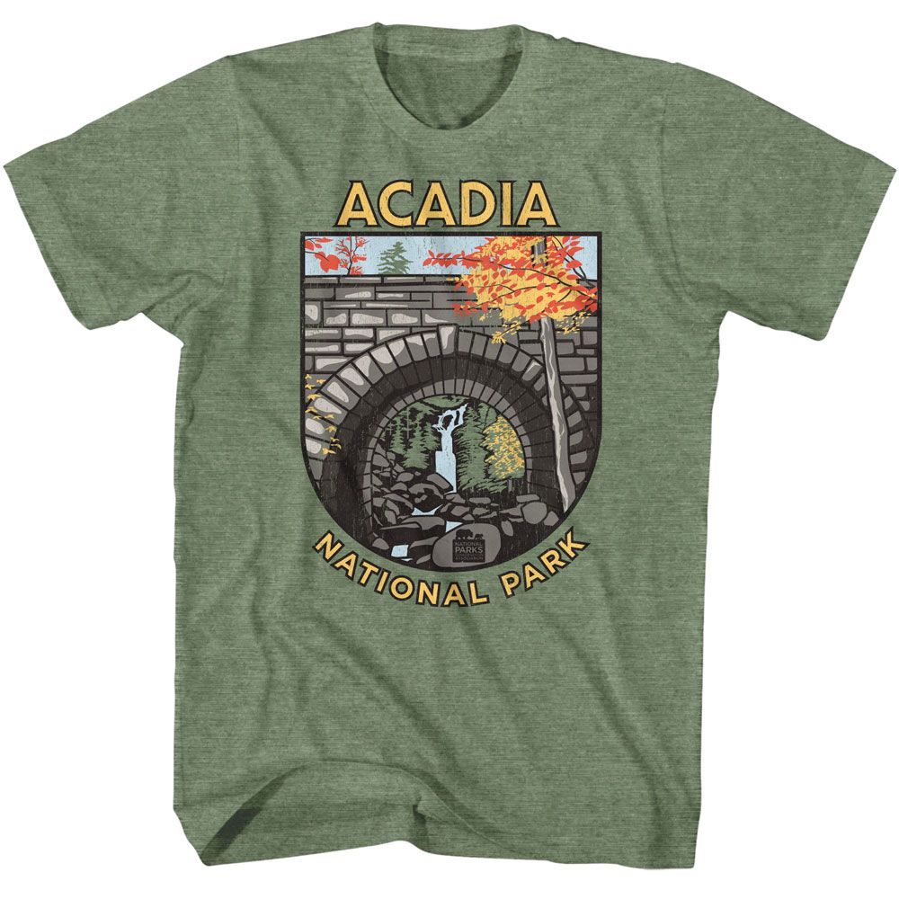 Military Green Heather National Parks t-shirt featuring an Acadia design