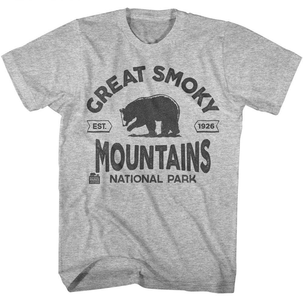 Gray Heather National Parks t-shirt featuring a Smoky Mountains Est 1926 design
