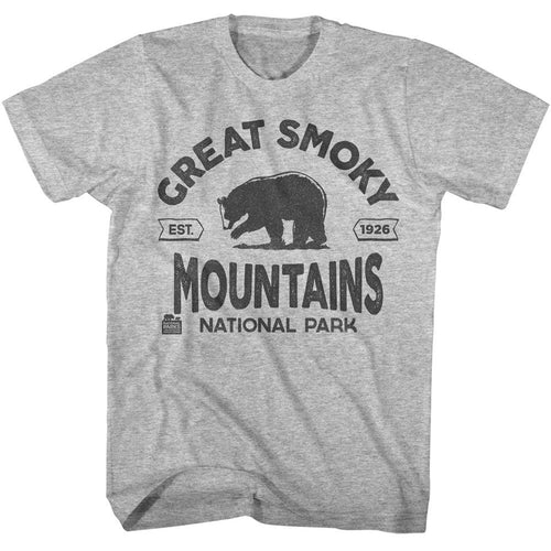 Gray Heather National Parks t-shirt featuring a Smoky Mountains Est 1926 design