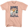 Peach National Parks t-shirt featuring an Acadia colorful sun design