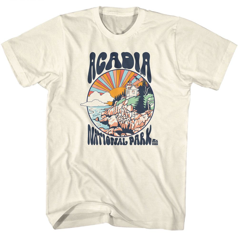 Natural National Parks t-shirt featuring an Acadia colorful sun design