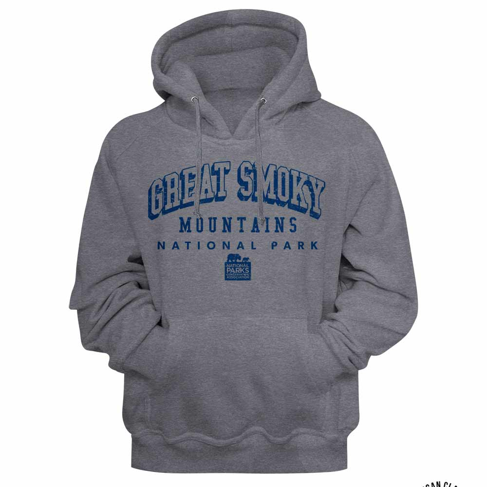 Gunmetal heather National Parks pullover hoodie featuring a Great Smoky Mountains Collegiate design