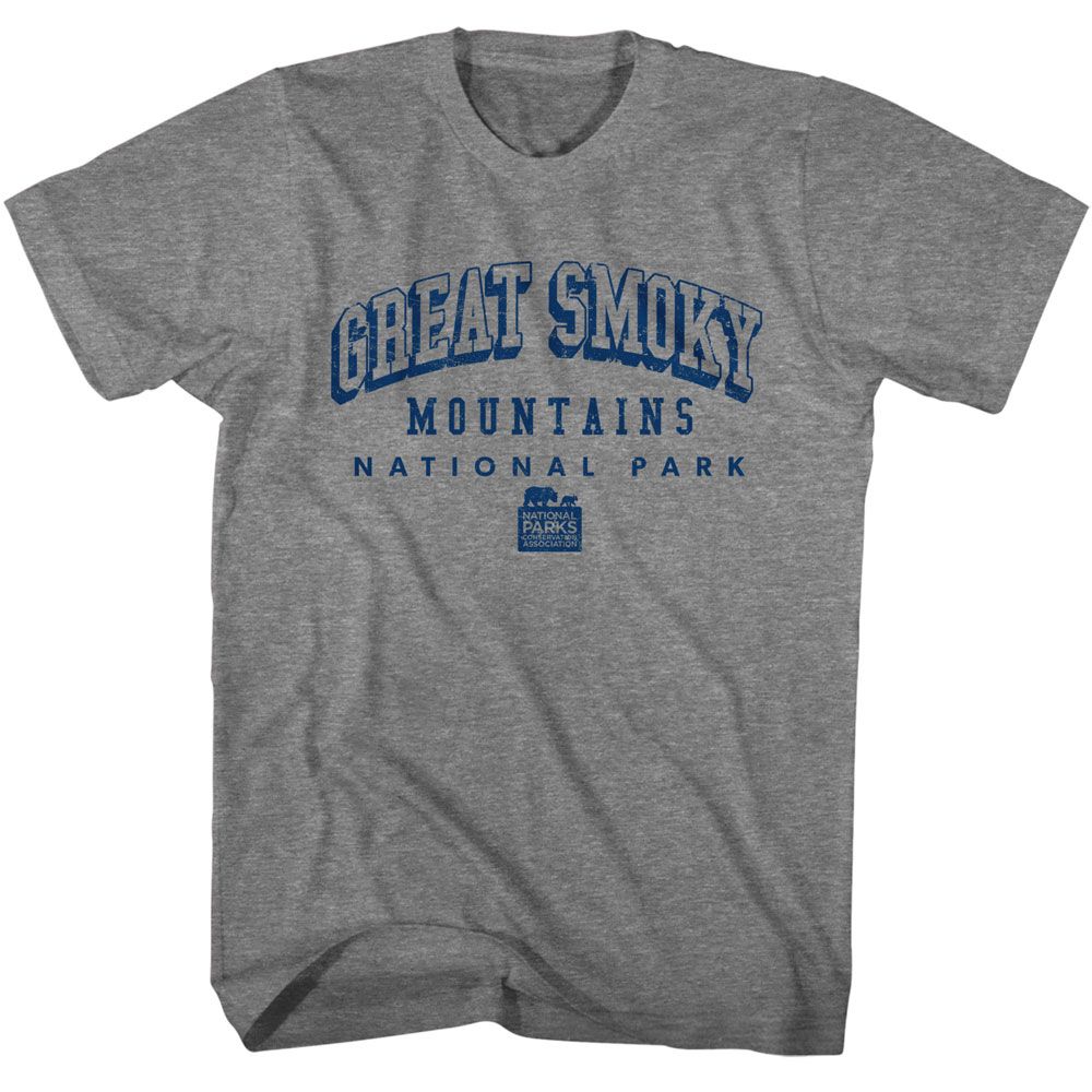 Graphite Heather National Parks t-shirt featuring a Smoky Mtn Collegiate design
