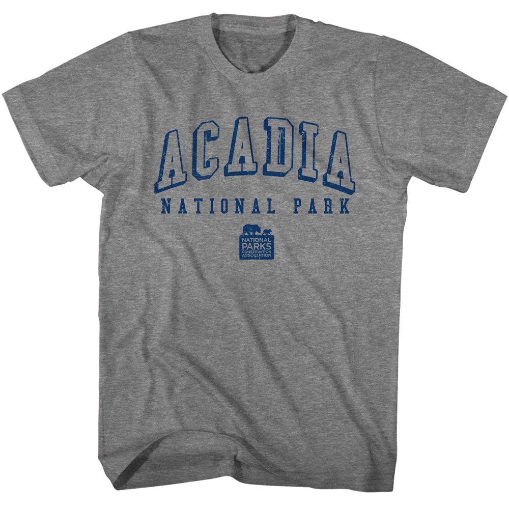 Graphite Heather National Parks t-shirt featuring an Acadia NP Collegiate design