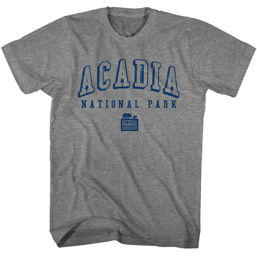 Graphite Heather National Parks t-shirt featuring an Acadia NP Collegiate design