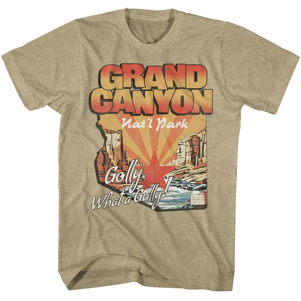 Khaki Heather National Parks t-shirt featuring a What a Gully Grand Canyon design
