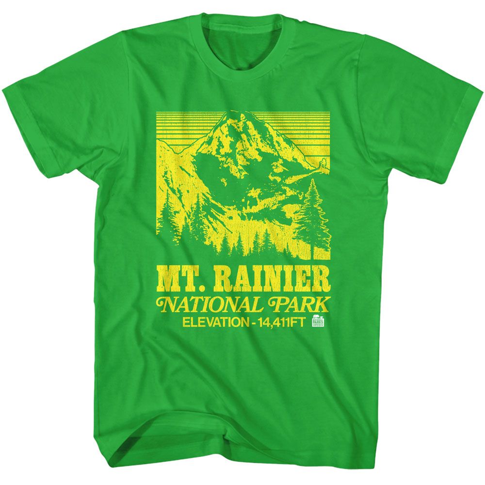 Kelly Green National Parks t-shirt featuring a Mount Rainier vintage design