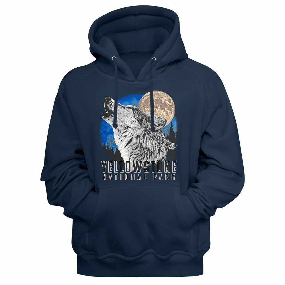 Navy National Parks pullover hoodie featuring a Yellowstone Wolf Moon design
