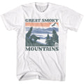 White National Parks t-shirt featuring a GSM Bear and Mountains design