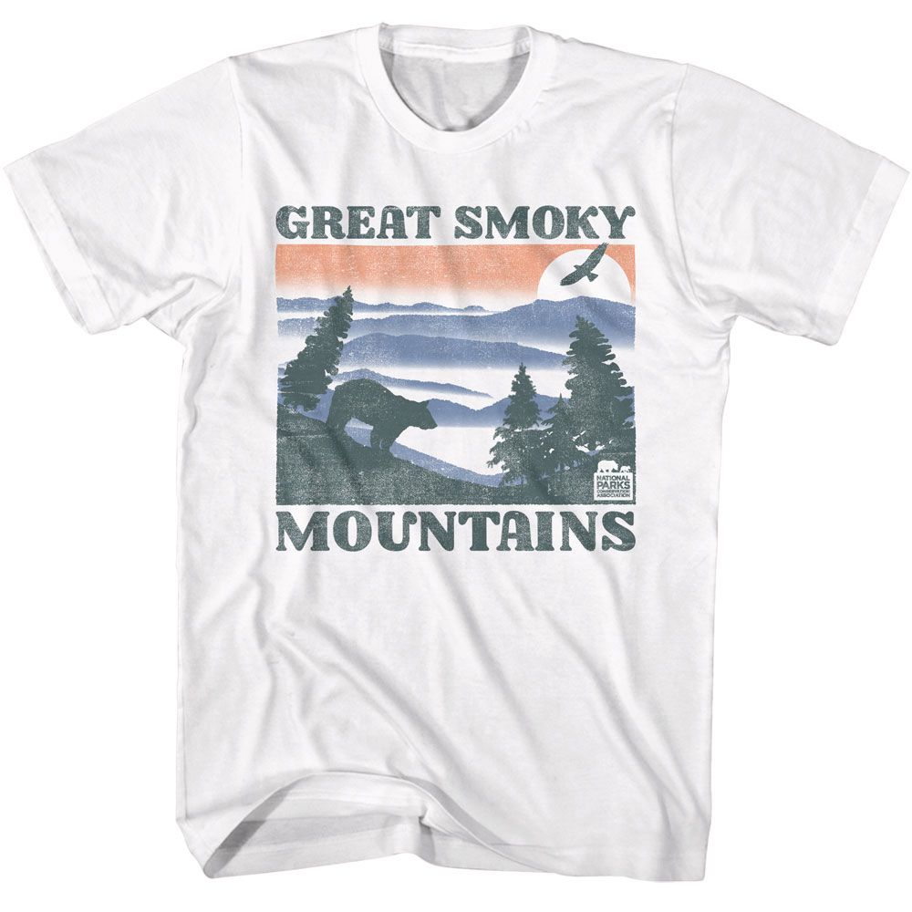 White National Parks t-shirt featuring a GSM Bear and Mountains design