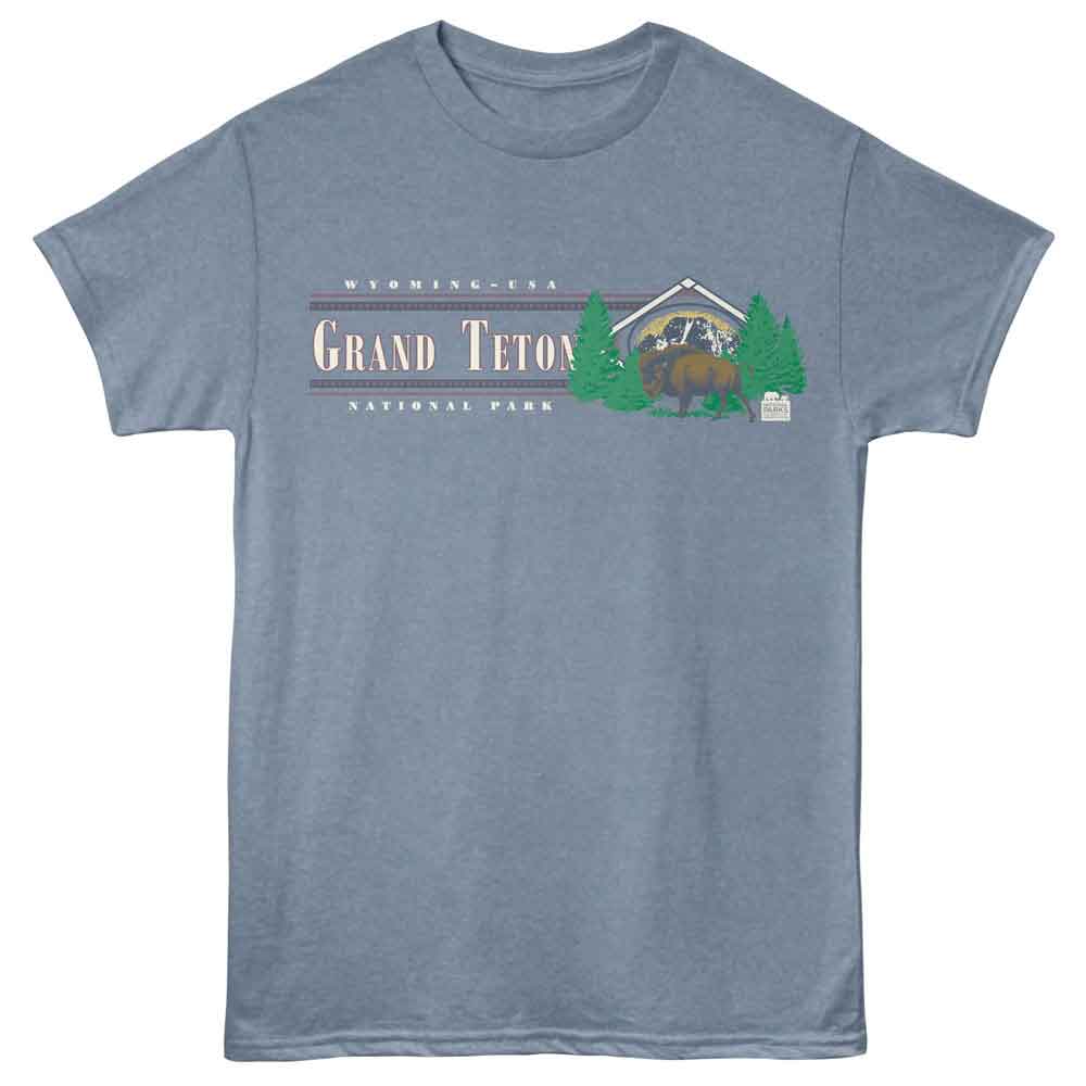 Indigo Heather National Parks t-shirt featuring a Grand Teton buffalo design
