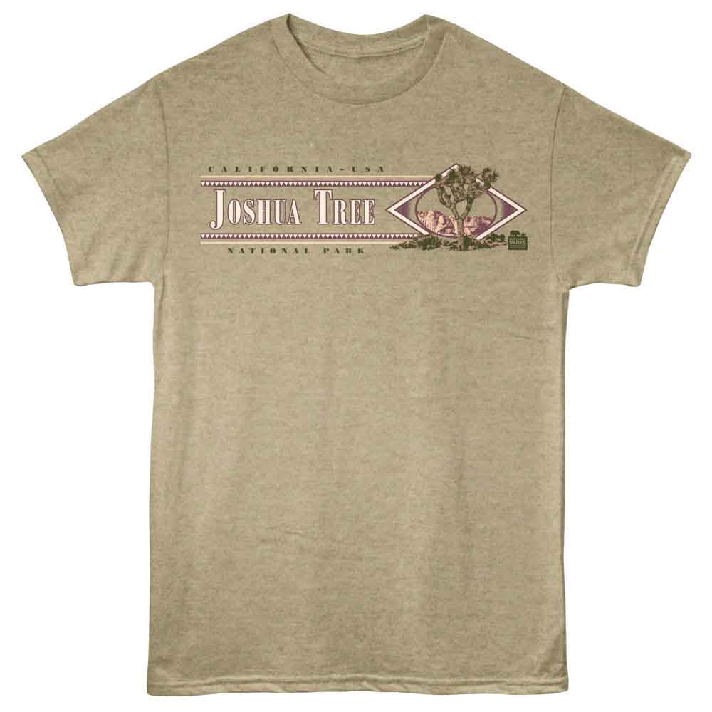 Khaki Heather National Parks t-shirt featuring a Joshua Tree retro design
