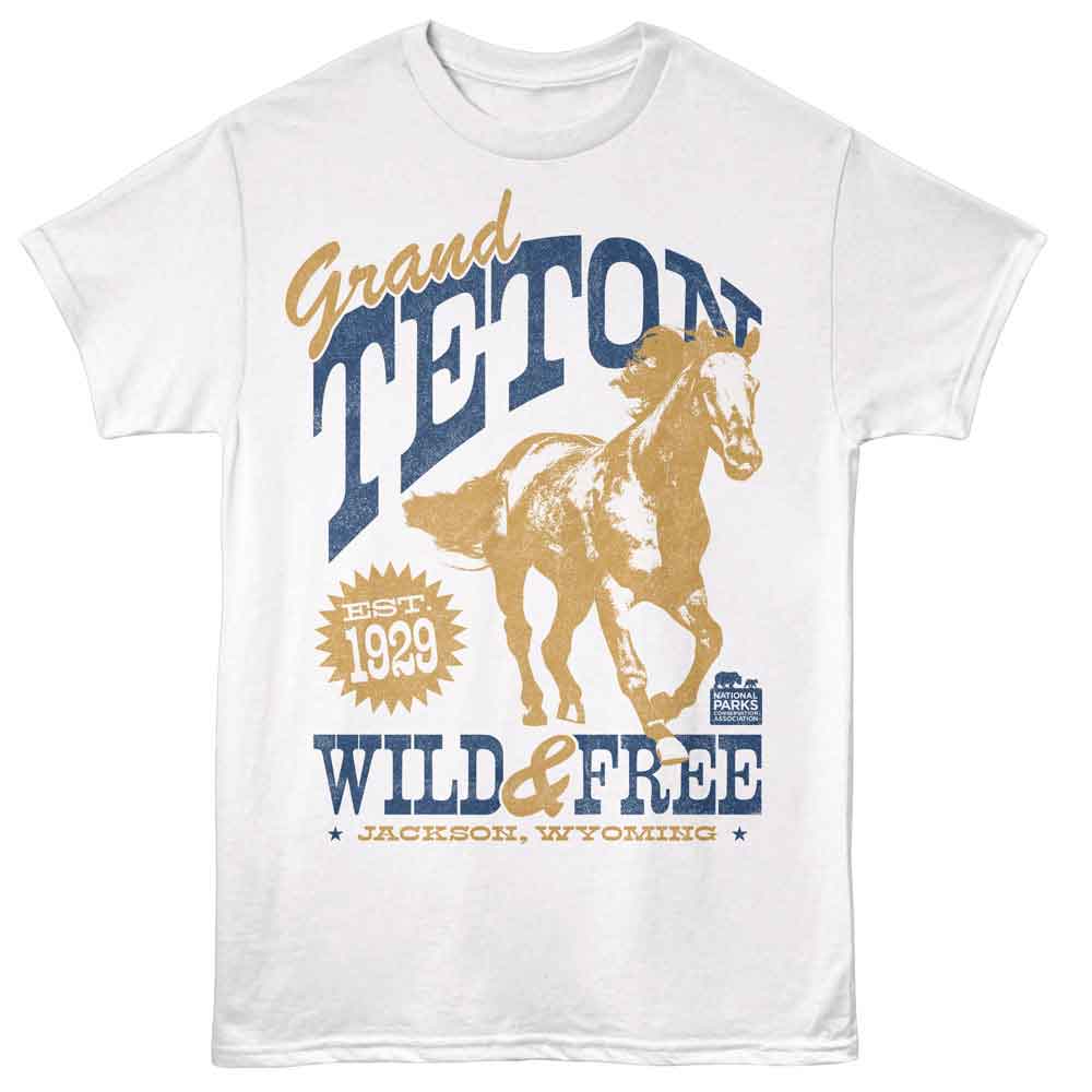 White National Parks t-shirt featuring a Teton Wild and Free design