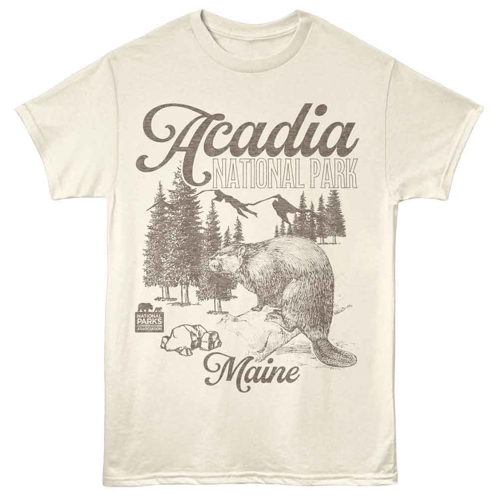 Natural National Parks t-shirt featuring an Acadia beaver design