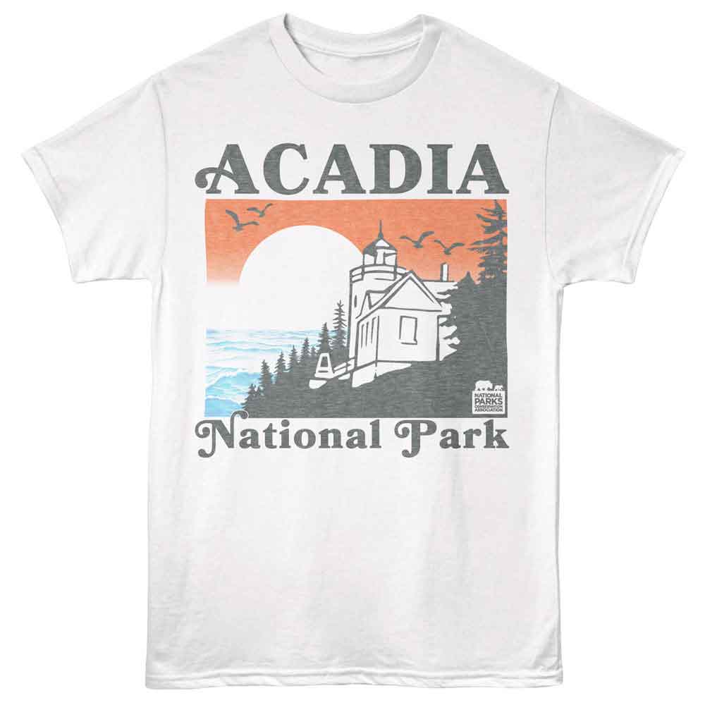 White National Parks t-shirt featuring an Acadia sunset design