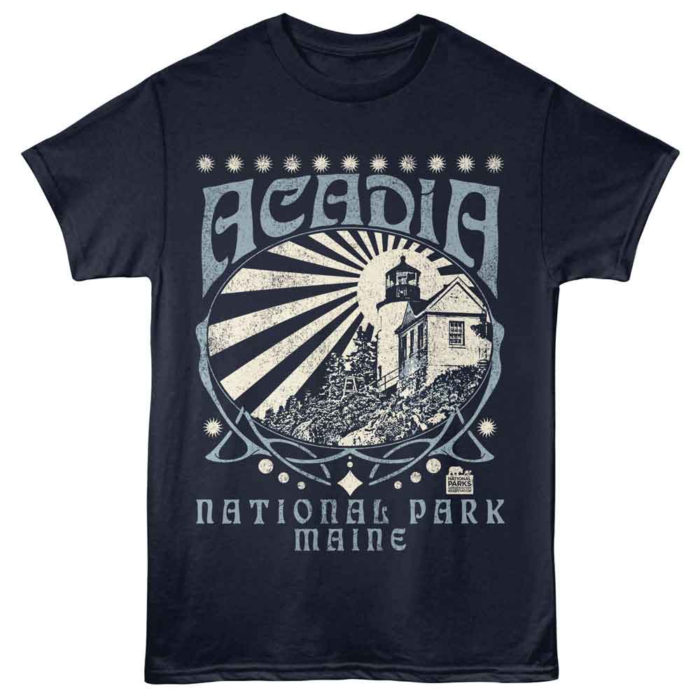 Navy National Parks t-shirt featuring an Acadia shining lighthouse design