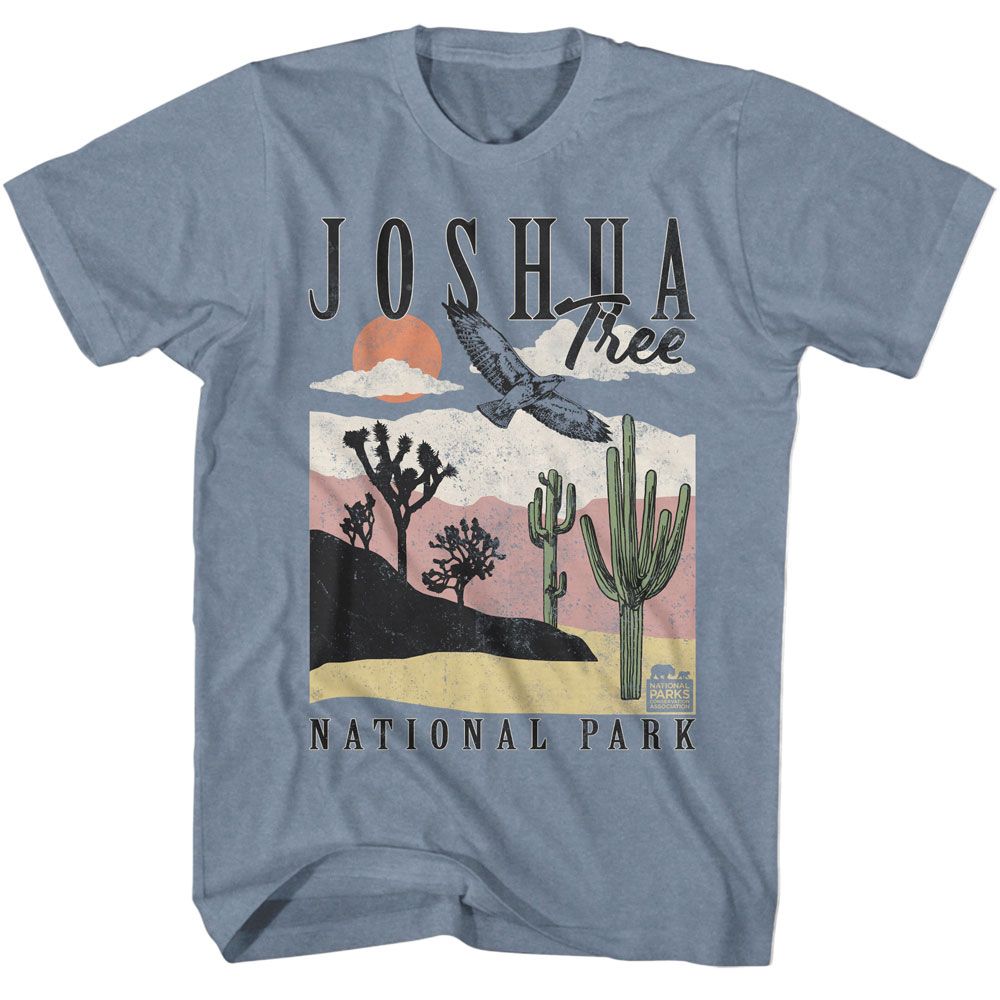 Indigo Heather National Parks t-shirt featuring a Joshua Tree landscape with cacti design