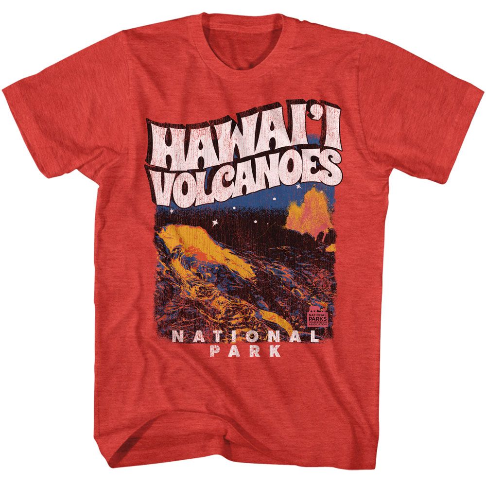 Red Heather National Parks t-shirt featuring a Hawaii Volcanoes design