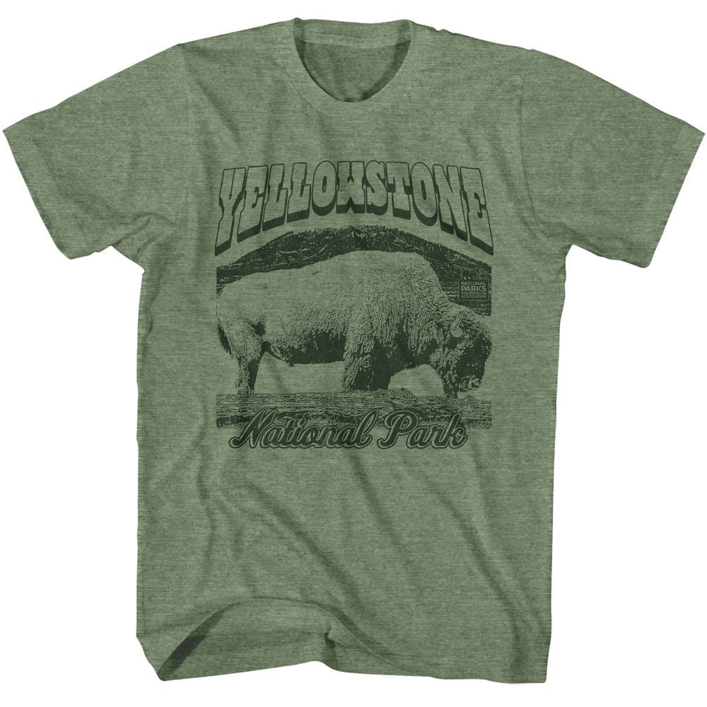 Military Green Heather National Parks t-shirt featuring a Yellowstone bison design