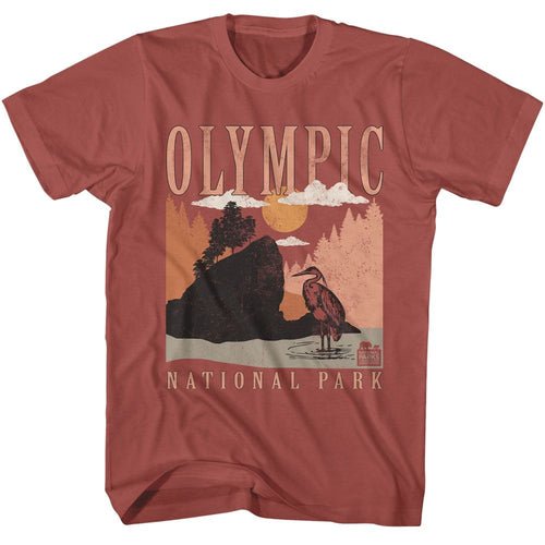 Terracotta National Parks t-shirt featuring an Olympic Minimalist Landscape design