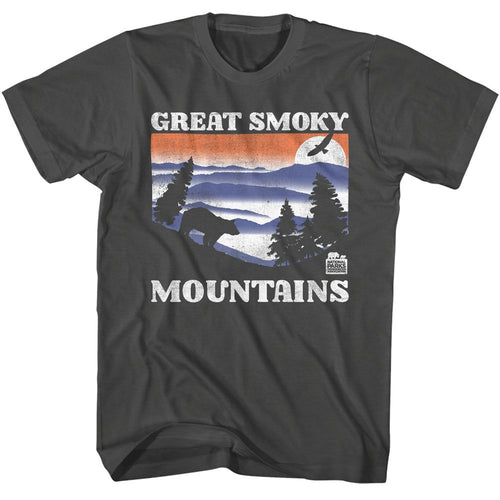 Smoke Gray National Parks t-shirt featuring a GSM Bear and Mountains dark design