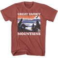 Terracotta National Parks t-shirt featuring a GSM Bear and Mountains light design