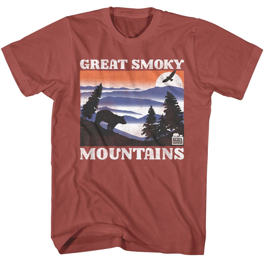 Terracotta National Parks t-shirt featuring a GSM Bear and Mountains light design