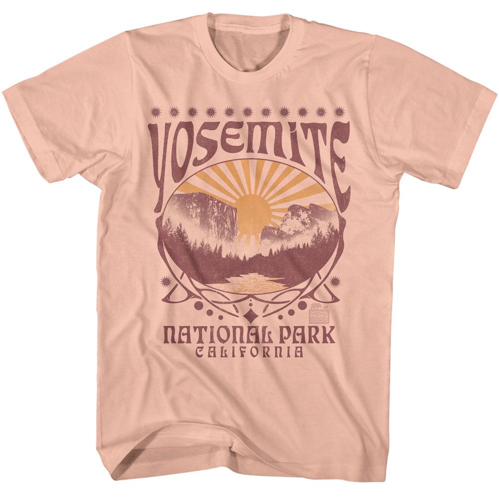 Peach National Parks t-shirt featuring a Yosemite decorative oval design