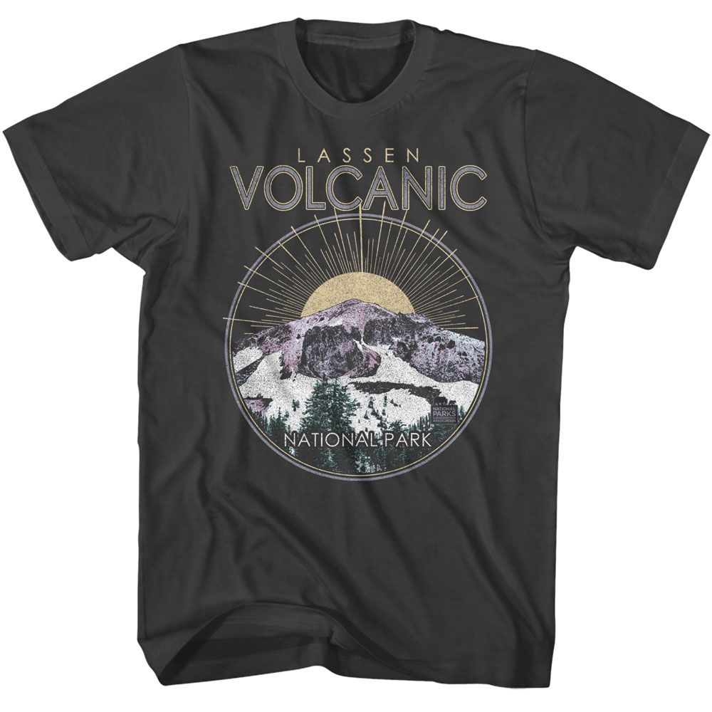 Smoke Gray National Parks t-shirt featuring a Lassen Volcanic circle design