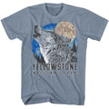 Indigo Heather National Parks t-shirt featuring a YNP howling wolf design
