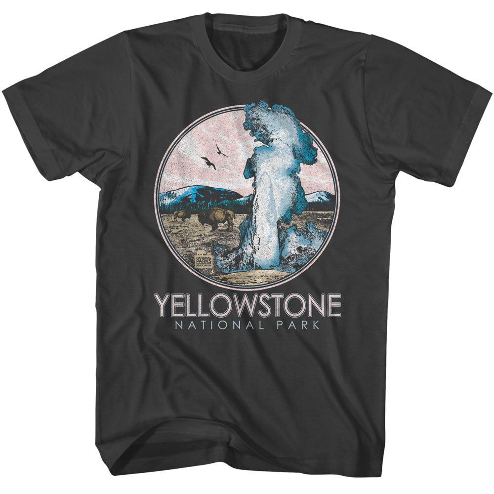 Smoke Gray National Parks t-shirt featuring a Yellowstone geyser circle design